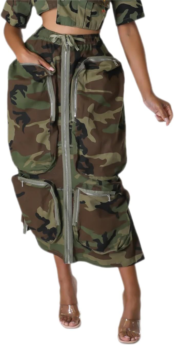 ksotutm Camo Skirt Midi Skirt Cargo Skirt Pocket Skirt Maxi Skirts for Women Army Fatigue Skirt | Amazon (US)