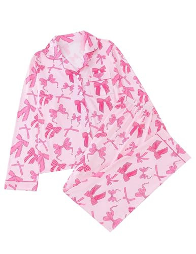 ANGELBEE Bow Pajama Sets for Women 2 Piece Cute Print Lounge Long Sleeve Button Down Shirts Sleepwear Y2k Pjs Pink | Amazon (US)