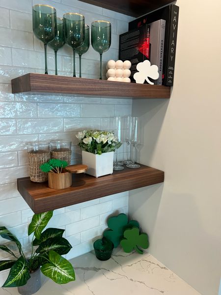 Finally got around to decorating the bar shelves for St Patrick’s day with all the amazon st Patrick’s day shamrock decor and green cups that I bought! 

#LTKstyletip #LTKunder50 #LTKhome