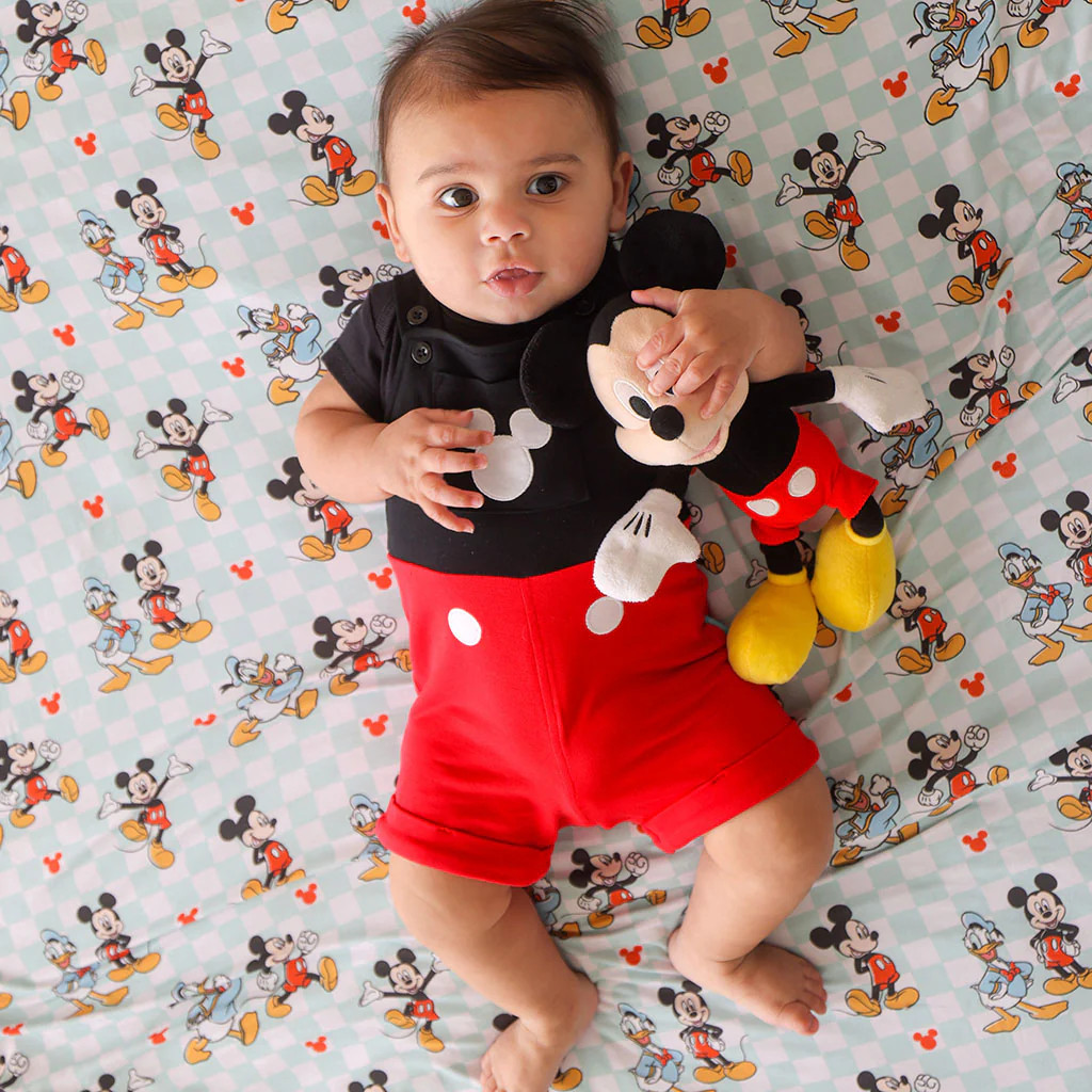 Red Daywear Disney Mickey Mouse French Terry Short Overalls | Posh Peanut® | Posh Peanut