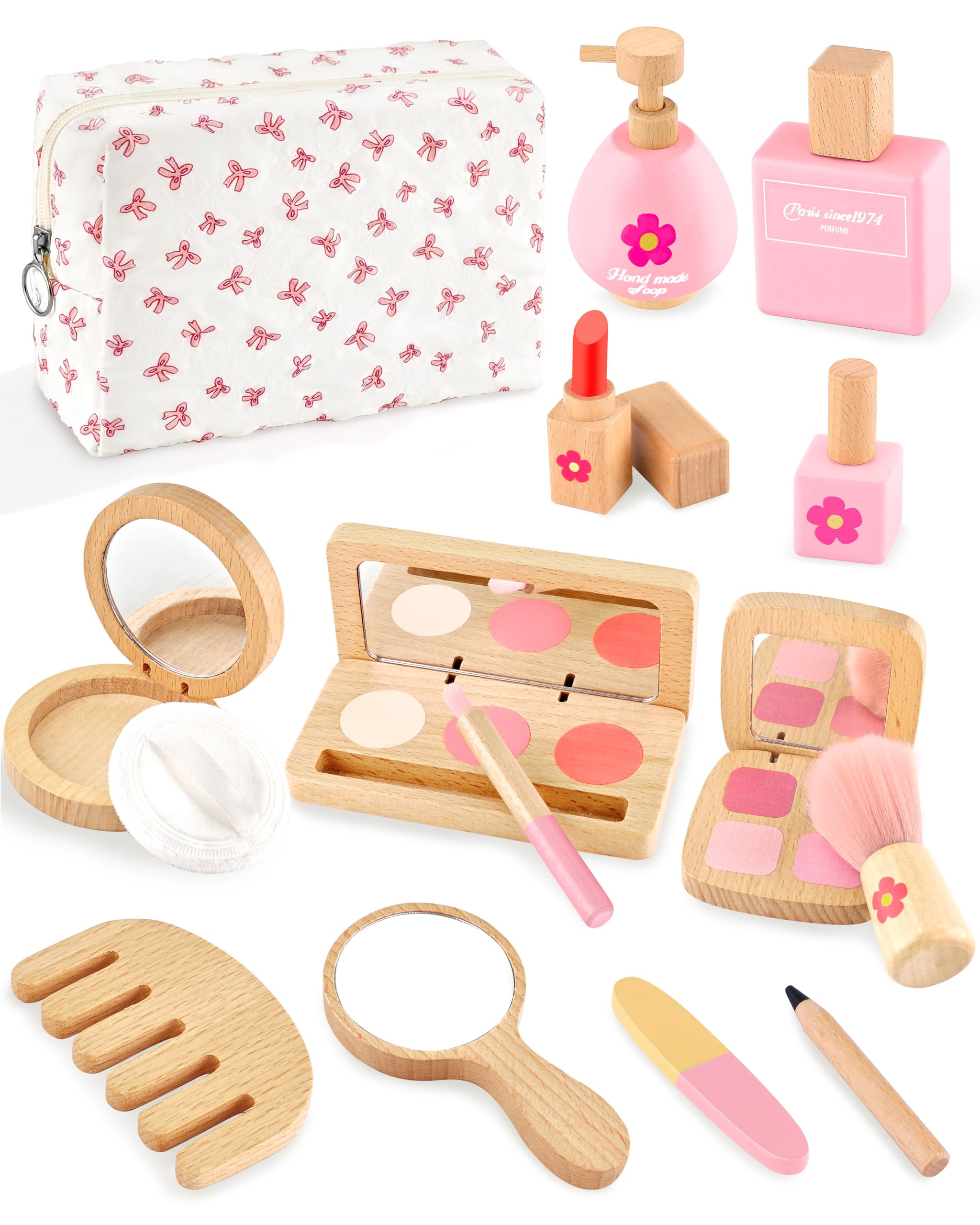 Wooden Pretend Makeup Kit for Girls Ages 3–5, Kids Pretend Play Cosmetic Set with Mirror, Lipst... | Amazon (US)