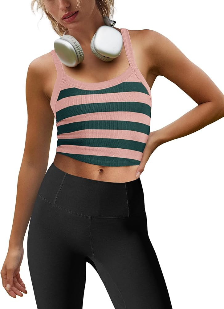 LAMISSCHE Cropped Tank Tops for Women Striped Spaghetti Strap Tank Top Workout Running Sports Bra... | Amazon (US)