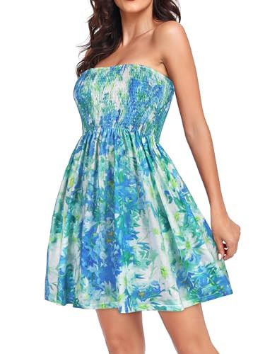 rosemia Off Shoulder Dress for Women Strapless Tie Dye Sundress Summer Casual Outfits（Dyeing Green Blue Flower,L） | Amazon (US)