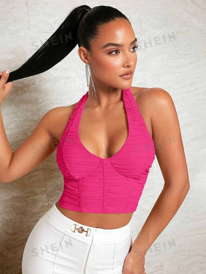 SHEIN BAE Solid Ruched Backless Crop Halter Top | SHEIN