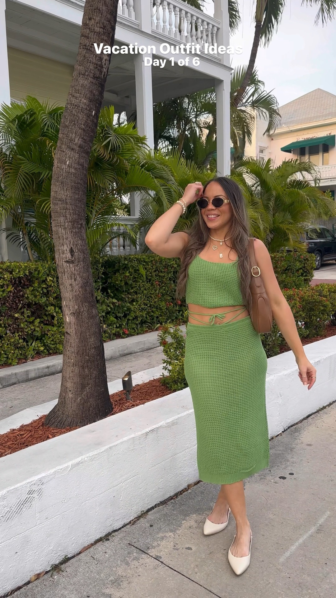 Vacation outfit idea. Lots of you loved this crochet set when I shared over my stories. It comes in khaki and orange. I wear these flats for work and also brought them with me on vacation. Love how chic this purse looks but yet so affordable. Jewelry by Melinda Maria and iris10 saves you money. 

Comment “shop” to receive outfit details! 

#resortwear #vacationoutfit #vacationstyle #vacationoutfitideas #matchingset #resortfashion #vacationfashion #springfashion #outfitideas 
Matching set, green set, crochet set, monochromatic look, flats, neutral style, designer inspired, long hair, Celine sunglasses, what to wear on vacation, gold jewelry, tropical vacation, Pinterest inspired 

#LTKswim #LTKVideo #LTKtravel