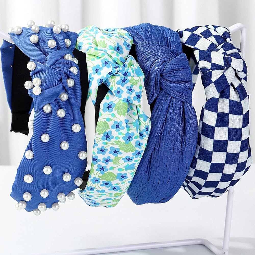 Blue Headbands for Women Girls Knotted Headband Non Slip Fashion Wide Knot Pearl Checked Floral H... | Amazon (US)