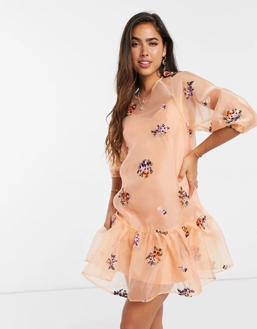 ASOS DESIGN organza embroidered mini smock dress with balloon sleeves in peach | ASOS (Global)