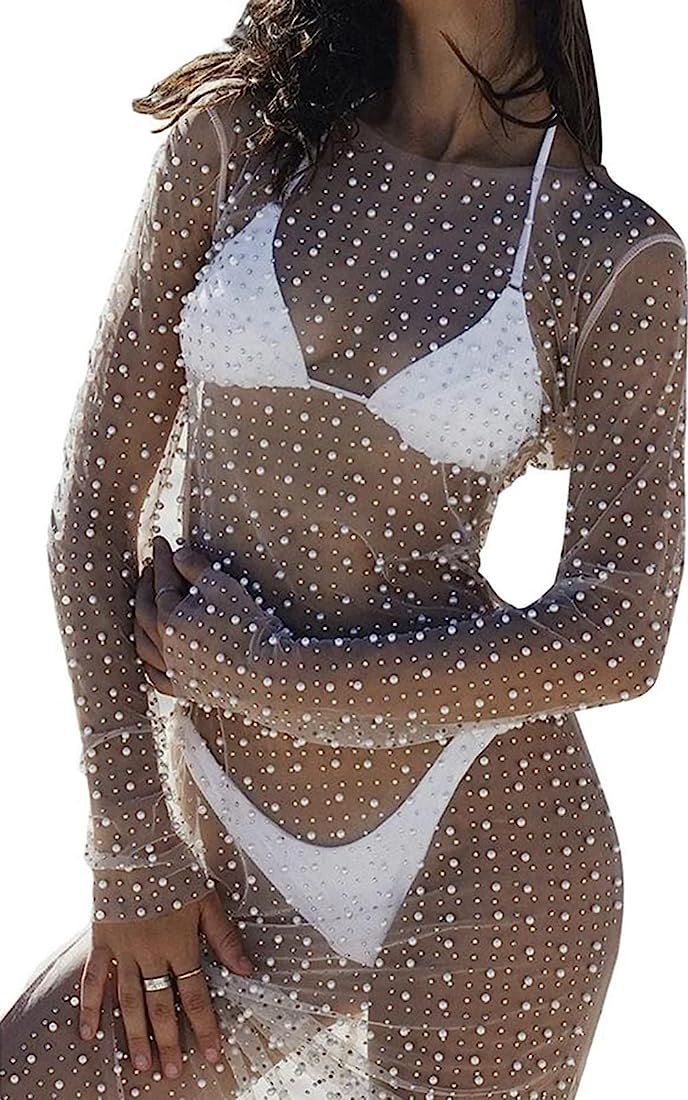 Women's Sheer Mesh Pearl Rhinestone Cover Up Dress Beach Swimwear Bikini Swimsuit Bathing Suit Co... | Amazon (US)