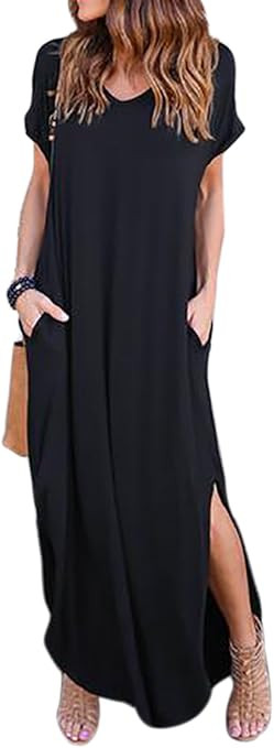 Women Summer Casual Maxi Dress Loose Pockets Short Sleeve Split Boho Dresses | Amazon (US)
