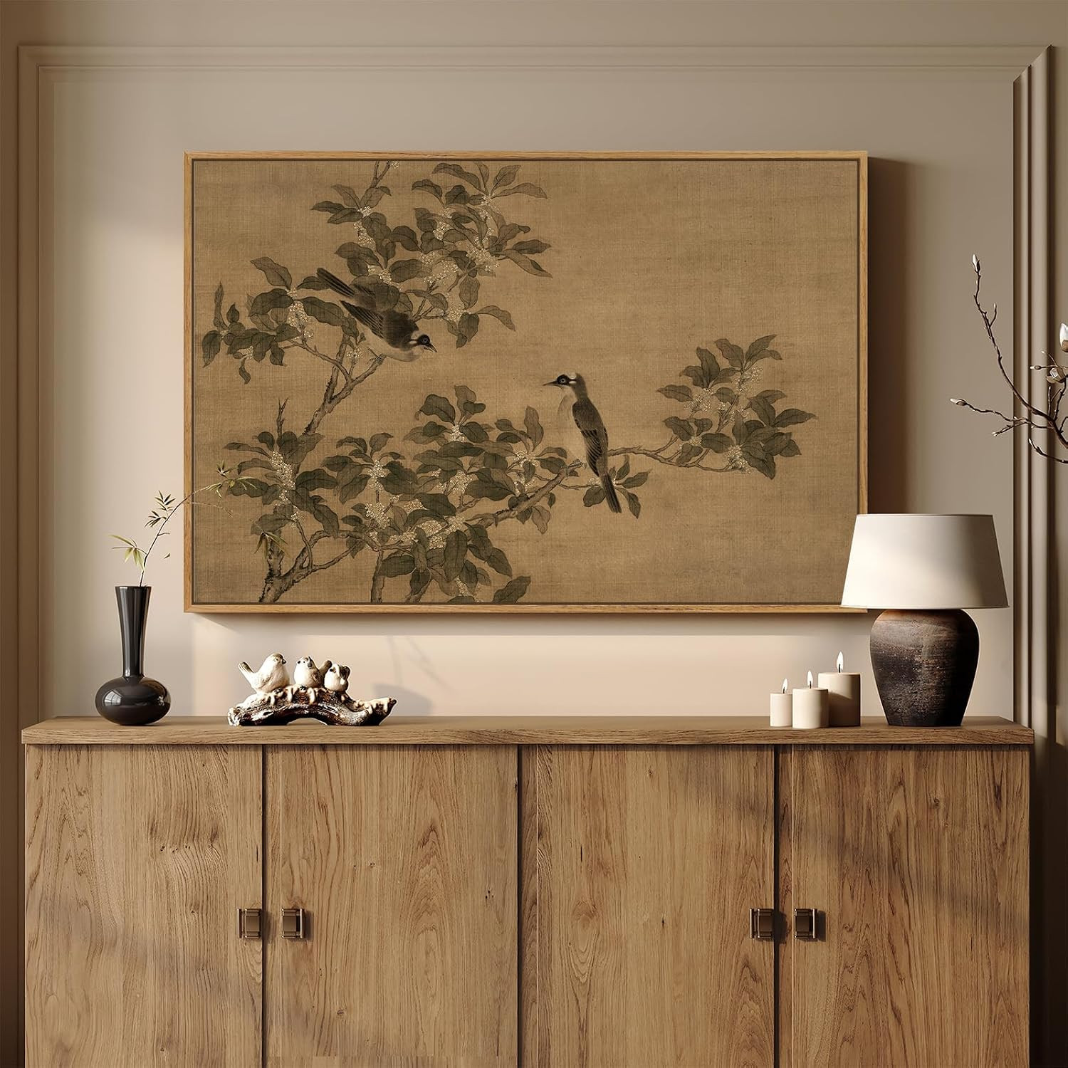 Framed Vintage Neutral Rustic Botanical Bird Chinoiserie wall art, 24x36 In | Amazon (US)