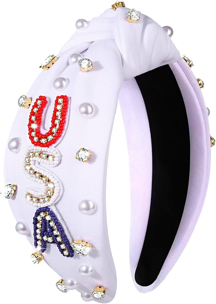 NVENF 4th of July Headbands, American Flag Star Headband Pearl Crystal Rhinestone Knotted Headban... | Amazon (US)