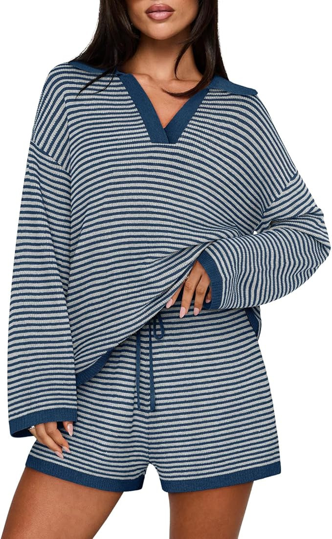 MEROKEETY Lounge Sweater Sets for Women 2 Piece Outfits Casual Long Sleeve Striped Tops Shorts Ma... | Amazon (US)