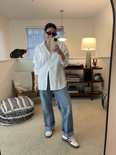 White button down (large) | wide leg blue jeans (8) | adidas sneakers | black sunglasses 

Spring outfit, casual outfitts

#LTKfindsunder50 #LTKstyletip #LTKmidsize