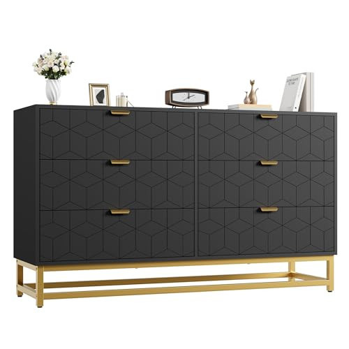 IDEALHOUSE Black 6 Drawer Dresser for Bedroom, 53.5” Large Dresser with Metal Legs, Modern Chest Organizer with Wide Storage, Chest of Drawers for Bedroom, Living Room, Entryway | Amazon (US)