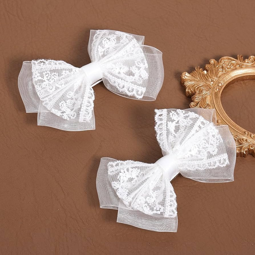 White Mesh Lace Hair Bow Clips Girls 4" Lace Fabric Bowknot Barrettes Alligator Hairpins for Flow... | Amazon (US)