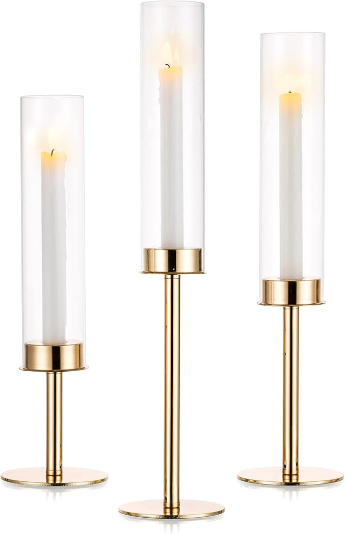 Nuptio Gold Candlestick Holder Tall Hurricane Candle Holder Set of 3 Taper Candle Holders Candle ... | Amazon (US)