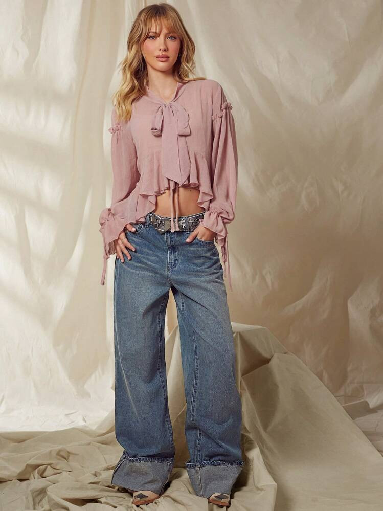 WESTFADE Premium Baggy Non-Stretch Distressed Cuffed Wide Leg Jeans | SHEIN