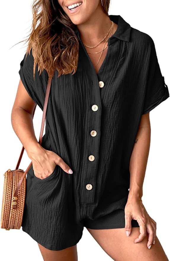 BLENCOT Women's Summer Button Down Jumpsuit V Neck Short Sleeve Romper with Pockets | Amazon (US)