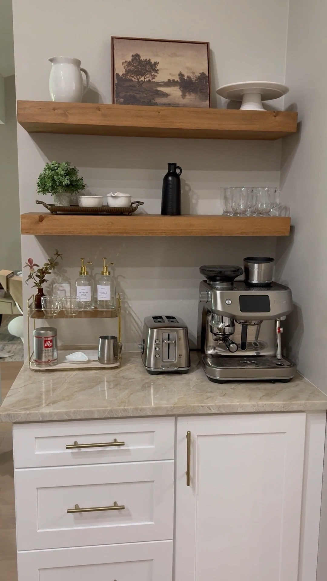 Coffee station, kitchen decor, coffee bar, espresso machine, white oak shelves, coffee decor

#LTKHome #LTKdayinmylife #LTKstorytime