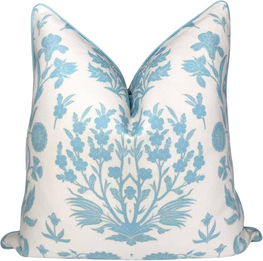 Jillien Harbor “The Charlotte” Bright Sky Blue Floral Block Print Pillow Cover – Off-White ... | Amazon (US)