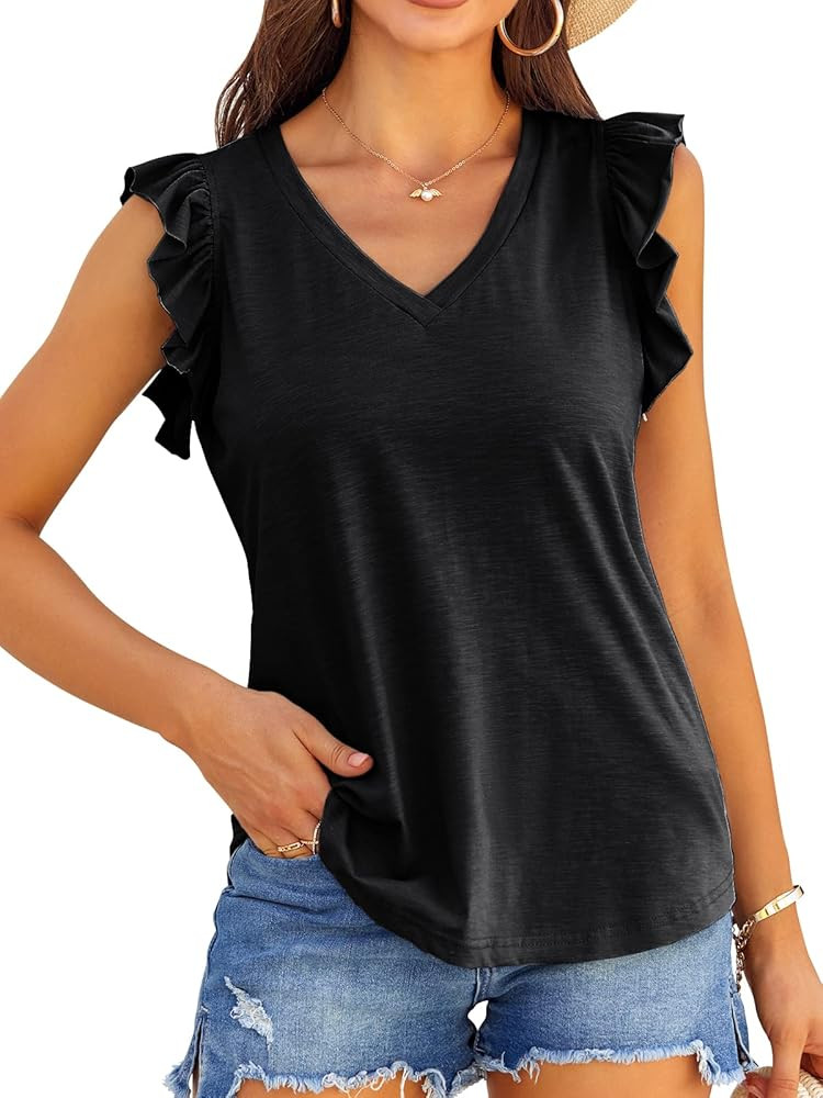 Valphsio Womens Casual V Neck Blouse Tops Frilled Ruffles Solid Sleeveless Tanks | Amazon (US)