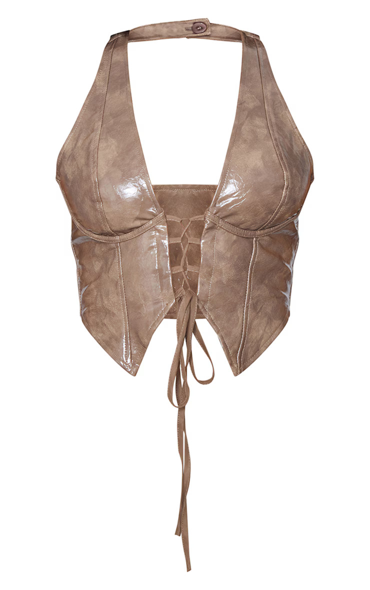 Stone Washed Faux Leather Lace Up Plunge Halter Neck Top | PrettyLittleThing US