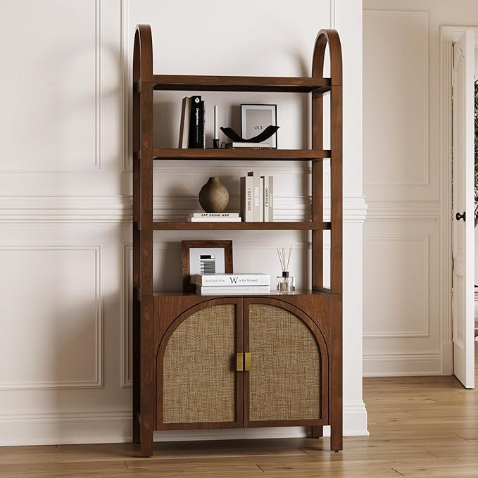Nathan James Paxton Boho Bookshelf Cabinet with Solid Wood Frame Rattan Bookshelf with Cabinet Ba... | Amazon (US)