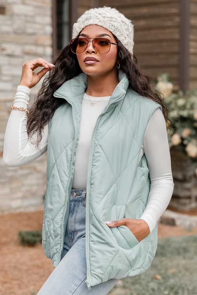 Mountainside Moment Mint Quilted Puffer Vest | Pink Lily