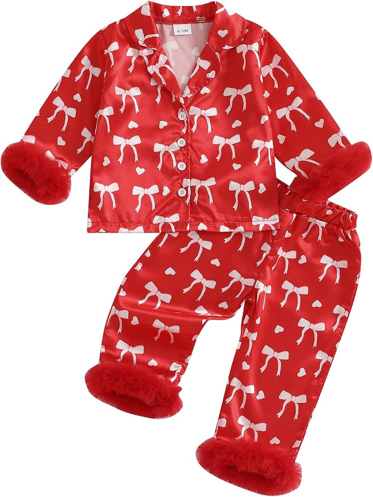 Baby Girls Satin Pajama Set Cute Long Sleeve Lapel Button Up Heart Print Shirt Long Pants Toddler... | Amazon (US)