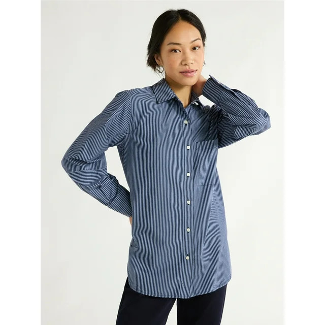 Free Assembly Women’s Button Front Boxy Cotton Tunic Shirt with Long Sleeves, Sizes XS-XXL | Walmart (US)