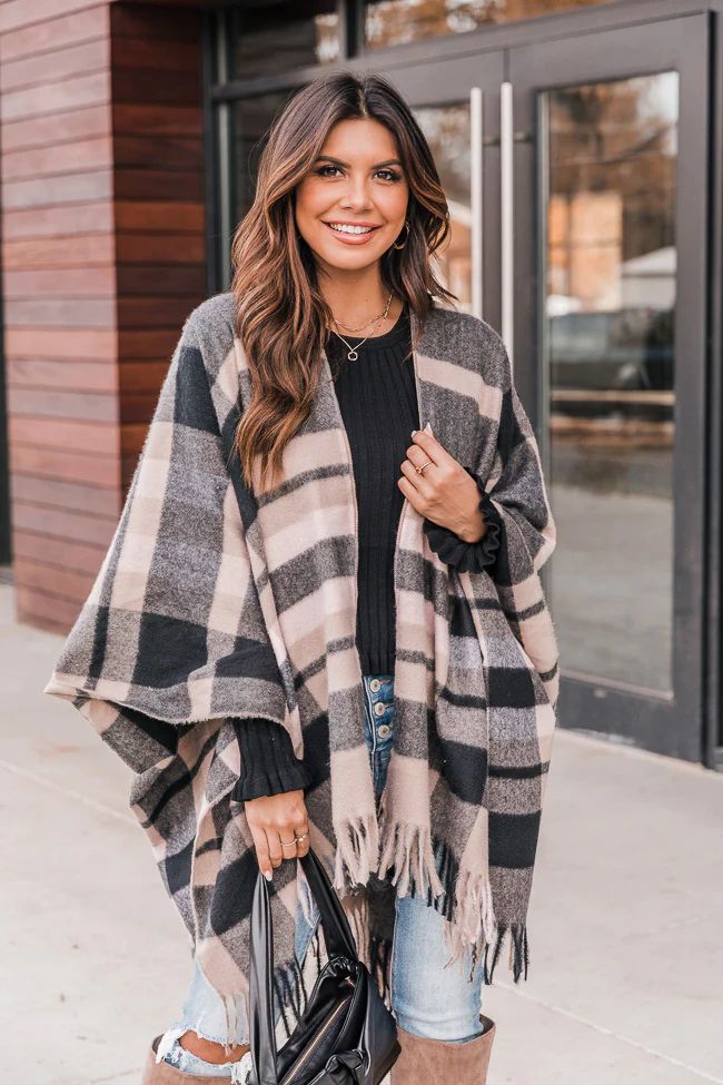 Let's Agree Brown Plaid Fleece Plaid Poncho DOORBUSTER | The Pink Lily Boutique