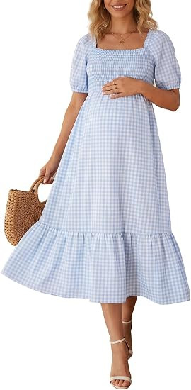 Summer Mae Smocked Maternity Dress for Baby Shower Photoshoot Puff Sleeve Women Pregnancy Midi Dr... | Amazon (US)
