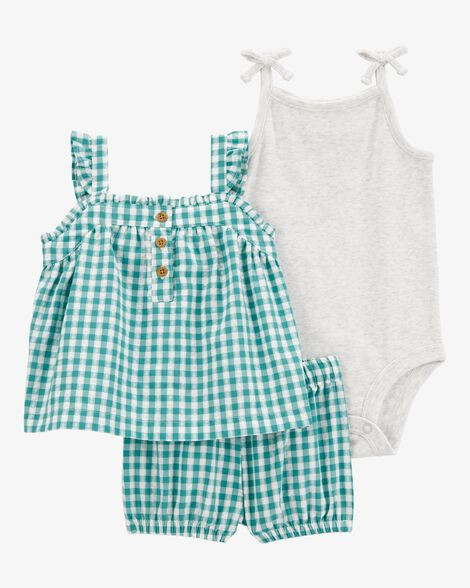 Baby Girl 3-Piece Gingham Outfit Set - Green/Grey | Carter's Inc
