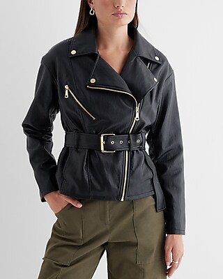 Express Women's Faux Leather Belted Moto Jacket in Black XS | Express