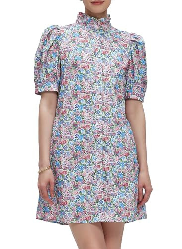 Ladyful Women's Summer Floral Dress Short Sleeve Button Down Shirt Mini Dress Ruffle Mock Neck Shift Sundress Light Purple | Amazon (US)