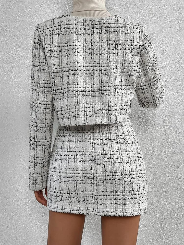 Verdusa Women's 2 Piece Outfit Plaid Print Crop Tweed Jacket and Bodycon Mini Skirt | Amazon (US)