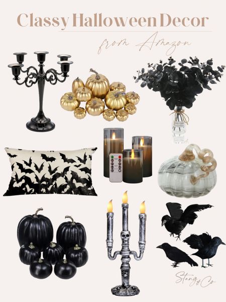 Here are some classy Halloween decor picks from Amazon, including gold and black pumpkins, candelabra, faux stems, led candles, black crows and a decorative throw pillow. 

#LTKhome #LTKSeasonal #LTKstyletip