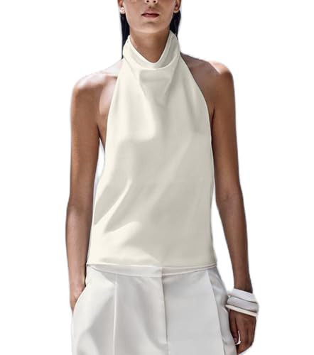 Women Mock Neck Satin Halter Tops Sexy Open Back High Neck Tank Tops Y2k Summer Going Out Tops (White, M) | Amazon (US)