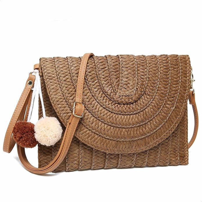 YIKOEE Straw Purse for Women Summer Beach Woven Bag With PomPom | Amazon (US)