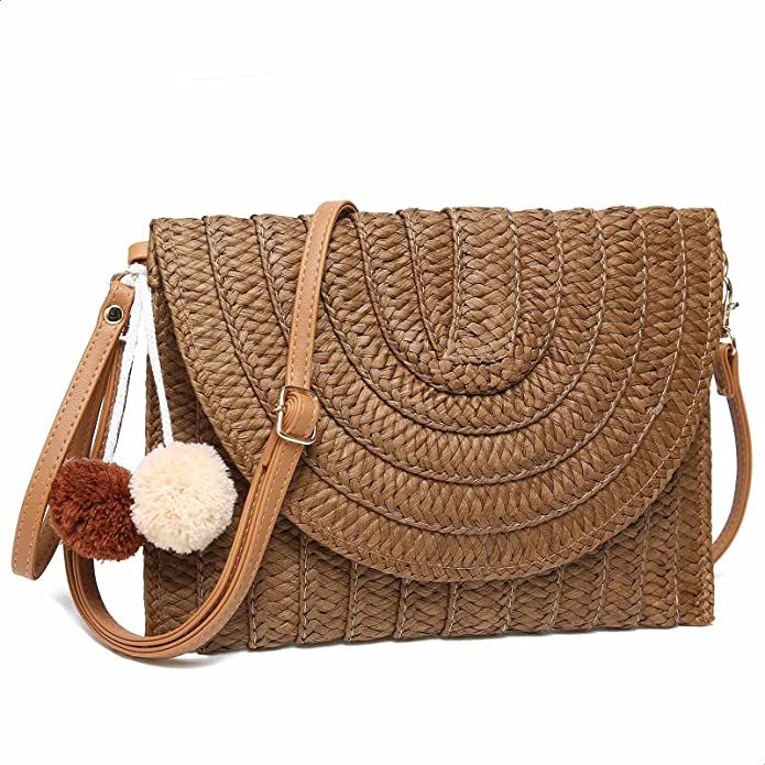 YIKOEE Straw Purse for Women Summer Beach Woven Bag With PomPom | Amazon (US)