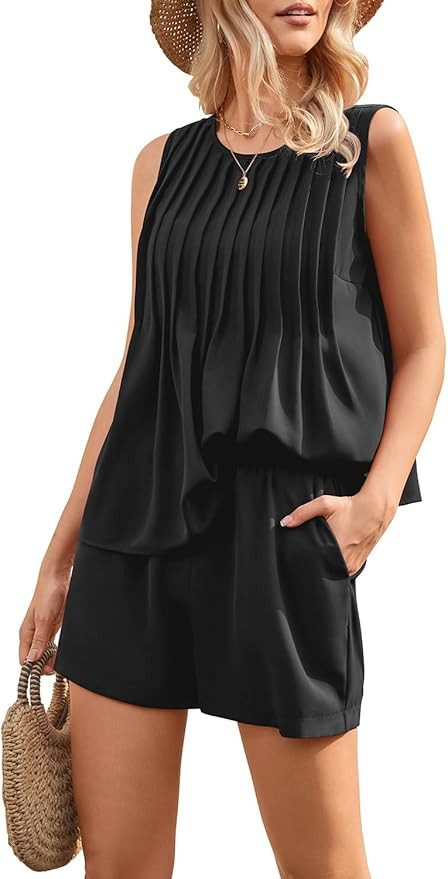 CCTOO Womens Summer 2 piece Outfits Crew Neck Pleated Peplum Sleeveless Sets Tank Tops Shorts wit... | Amazon (US)