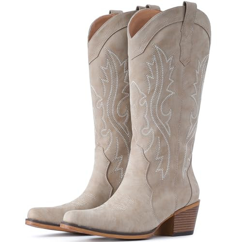 IUV Cowboy Boots For Women Western Cowgirl Boots with Chunky Heel Mid Calf Snip Toe Ideal for low insteps, Beige, 8.5 | Amazon (CA)