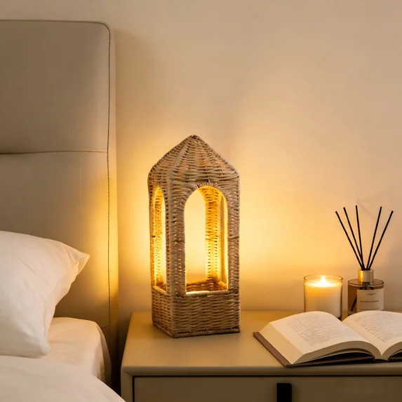 13.78" Woven Rattan Arch Lantern - Decorative Natural Wicker Candle Holder with Silver Hanging Ri... | Walmart (US)