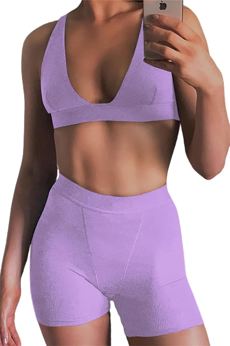 Kafiloe Women 2 Piece Workout Outfit Ribbed Deep V Neck Bra High Waist Bodycon Yoga Short Sets Gy... | Amazon (US)