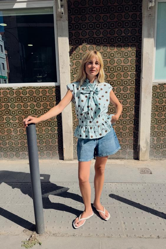 Zara - Sleeveless Polka Dot Bow Shirt - Brown-Blue - L - Woman | Zara US