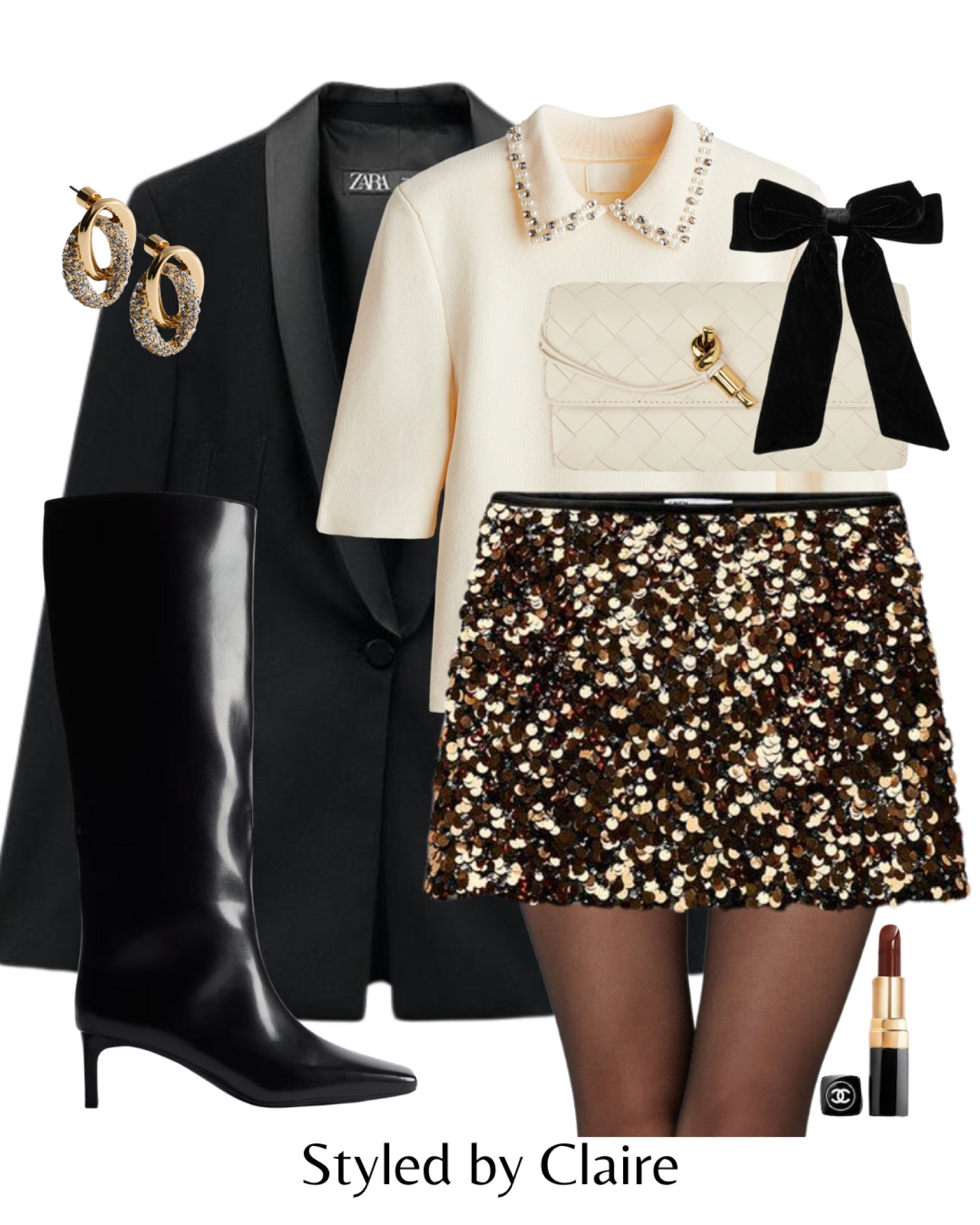 Chic Christmas Party Outfit with a gold sequin skirt🥂
Tags: satin oversized blazer collar knee high black boots tights knit collar embellished top hair bow bottega clutch bag earrings mango fashion night out festive party work Xmas classy women’s style 

#LTKstyletip #LTKpartywear