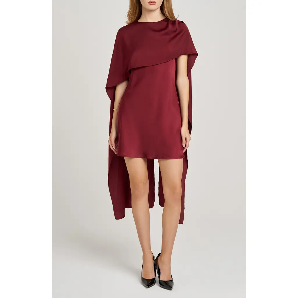 WAYF x Sara Walker Elle Capelet Satin Minidress in Merlot at Nordstrom, Size X-Large | Nordstrom