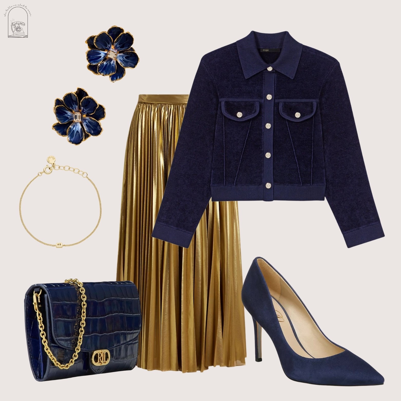 Elegant navy & gold tones for a luxe evening look ✨
Shop the outfit details below 💙

•Navy velvet jacket
•Metallic gold pleated skirt
•Classic navy pumps
•Gold bracelet + statement floral earrings

#LTKHoliday #LTKCyberWeek #LTKGiftGuide