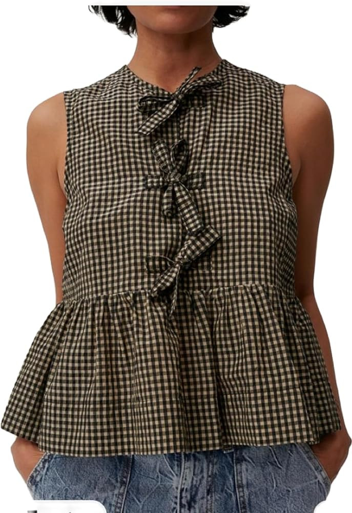 Women Y2k Tie Front Vest Sleeveless Plaid Peplum Blouse Ruffle Hem Lace Up Babydoll Shirt Bow Tie... | Amazon (US)