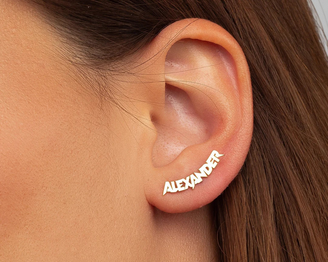 14K Name Earring, Personalized Earrings, Stud Earring, 14K Gold Studs, Personalized Gifts, Women ... | Etsy (US)